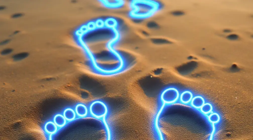 Glowing footprints in sand, representing our digital journey through time
