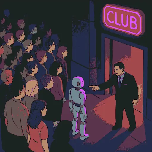 Nightclub queue with robot being turned away by bouncer - illustrating bot prevention and human verification