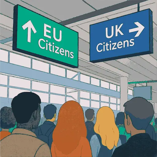 Airport scene with EU and UK nationality lanes - travelers moving through different verification channels