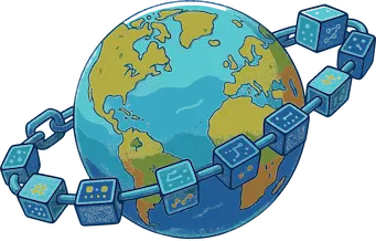 Globe wrapped in blockchain chain - representing universal compatibility across platforms