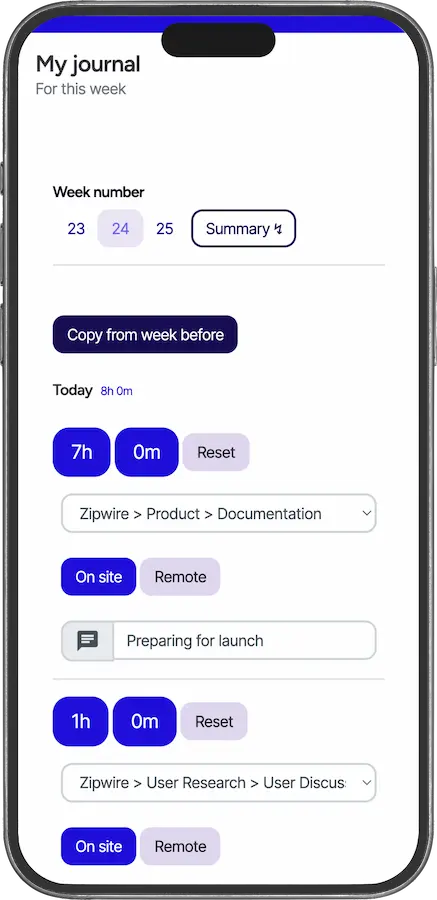Phone shape screen showing screenshot of Zipwire's journal
