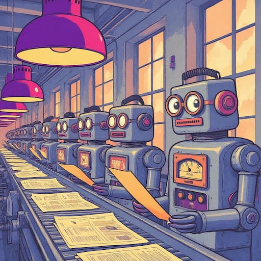 Retro tin robots standing at a conveyor belt inspecting documents