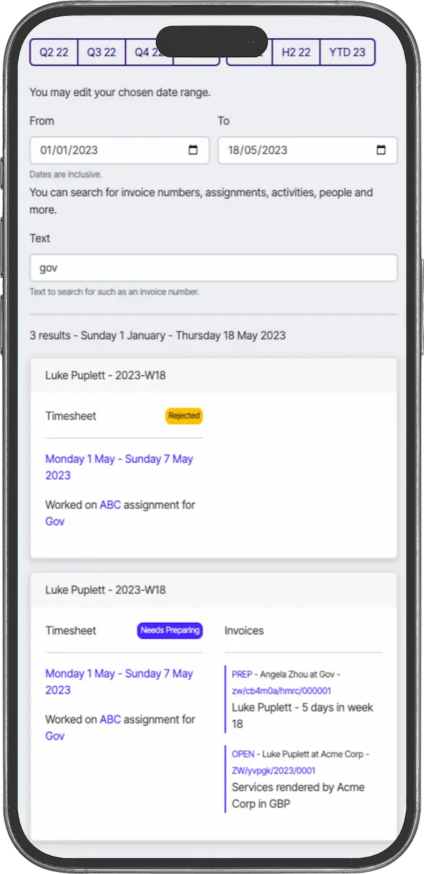 Phone shape screen showing screenshot of Zipwire's search