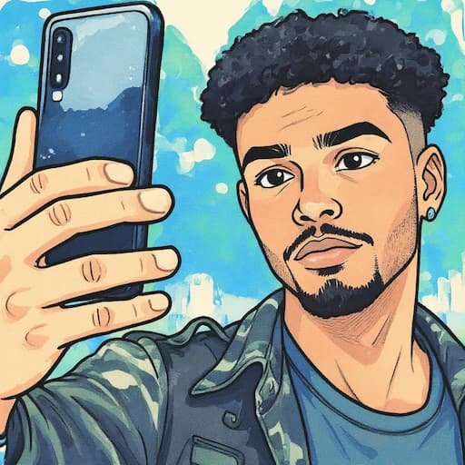 A young man takes a selfie with his mobile phone. There is a blue dotted line around his face.