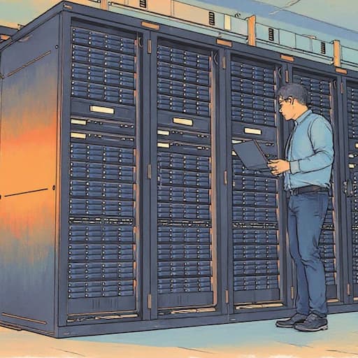 A technician inspecting servers