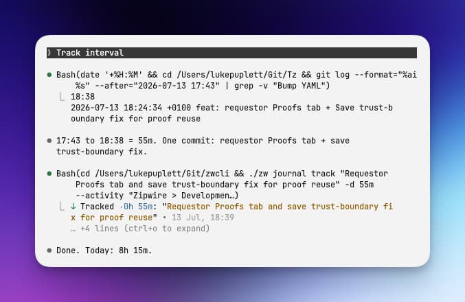 Zipwire CLI: an AI assistant tracks a 55-minute interval using git log and zw journal track